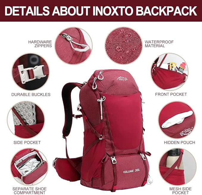 INOXTO 35L Hiking Backpack with 3Lwater bladder, Camping Backpack with Waterproof Rain Cover for
