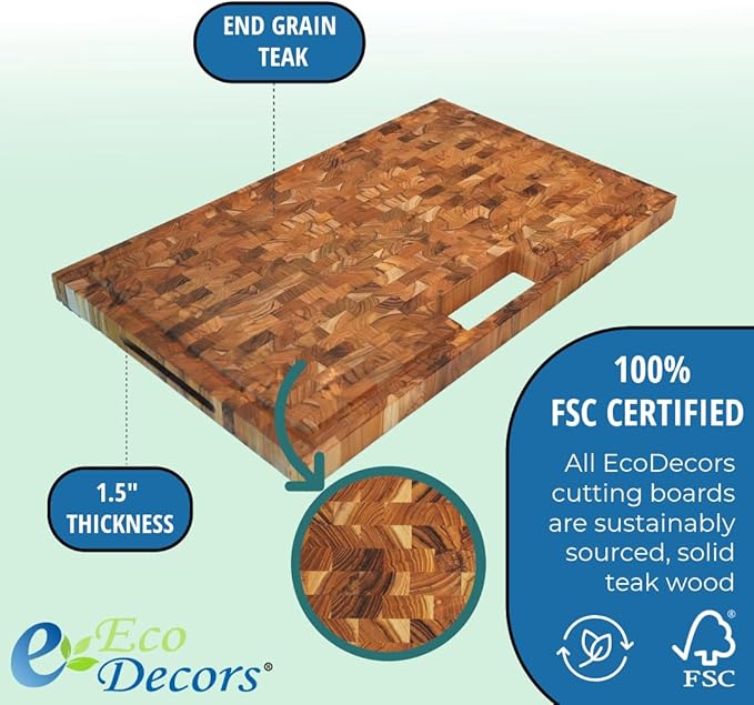 EcoDecors, Teak End Grain Cutting Board 29"x18", Solid FSC Teakwood Carving Board with Juice