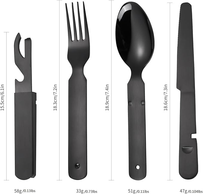 Portable Silverware Black Flatware Camping Cutlery Stainless Steel Spoon Fork Knife and Bottle