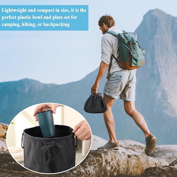 Camping Mess Kit for 2 with Bowl, Plate, Cup, Spoon, Fork, Knife and Carry Bag, Plastic Camping