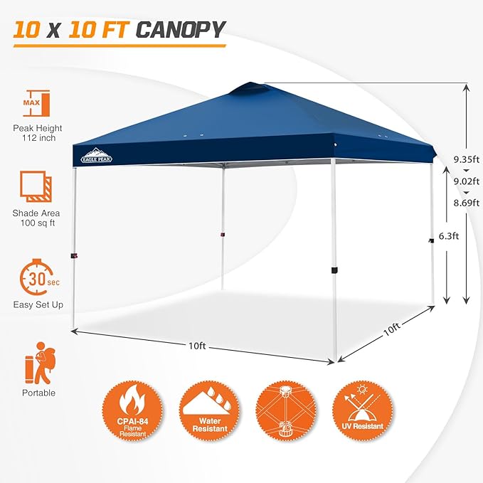 EAGLE PEAK Pop Up Canopy Tent with Wheeled Carry Bag, 8 Stakes, 4 Ropes, 4 Weight Bags, Easy Set Up
