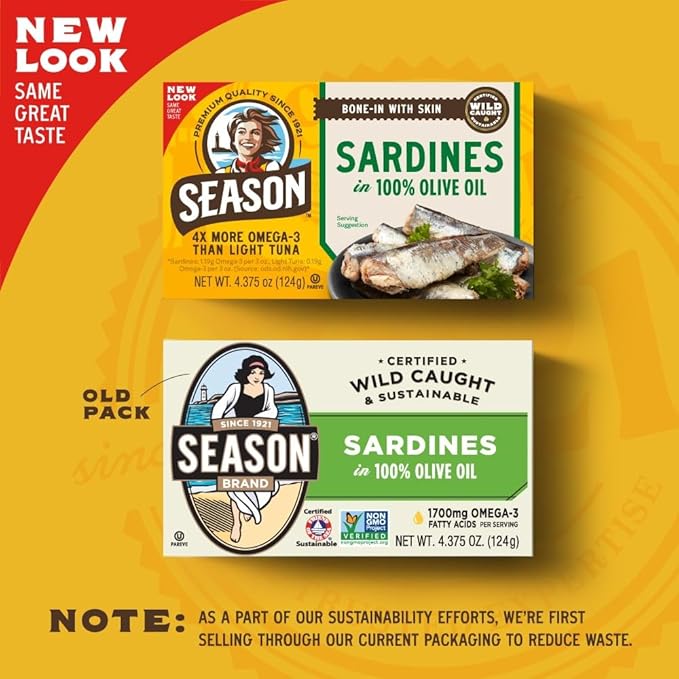 Season Sardines in Olive Oil - Wild Caught, 22g of Protein, Keto Snacks, More Omega 3's Than Tuna