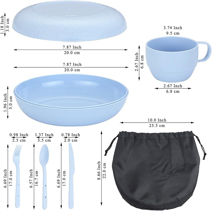 Evanda Camping Mess Kit with Bowl, Plate, Cup, Spoon, Fork, Knife and Carry Bag, Reusable Camping