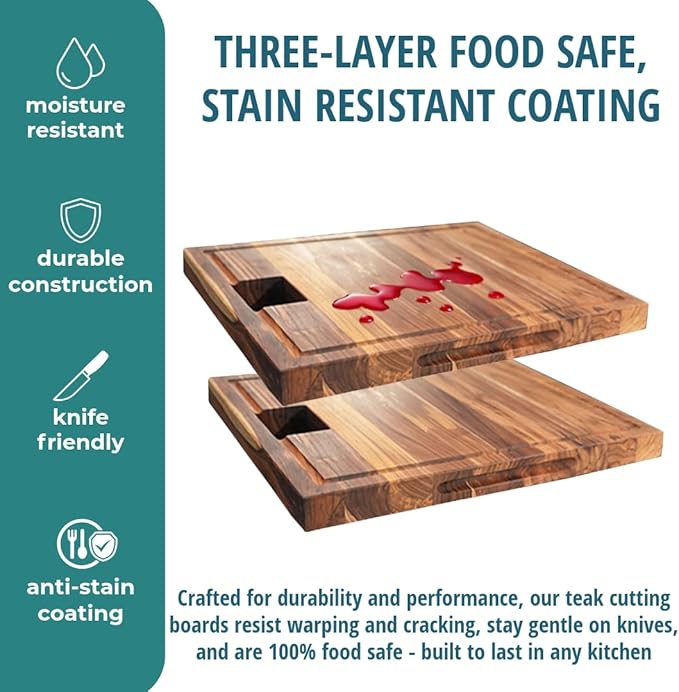 EcoDecors, Teak Edge Grain Cutting Board 17"x18", Solid FSC Teak Wood Butcher Block with Juice