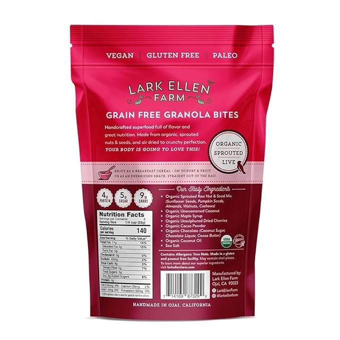 Lark Ellen Farm Cacao Cherry Grain-Free Granola Clusters, Organic Vegan Nut and Seed Mix