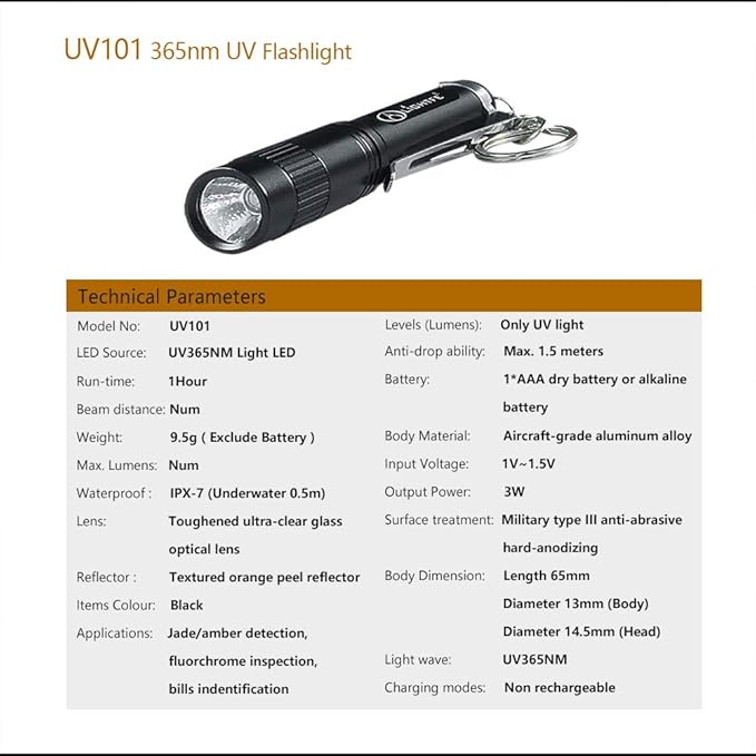 LIGHTFE Black Light 365nm UV Flashlight UV101D with High Power UV LED Source Keychain Light Powered