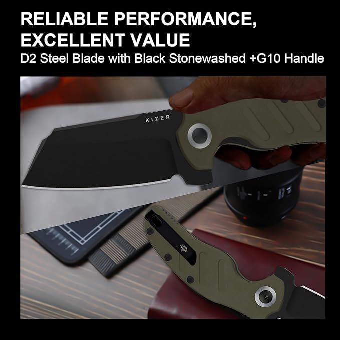 Kizer C01C XL Sheepdog Pocket Knife, 3.9" D2 Sheepsfoot Blade EDC Folding Knife with Green G10