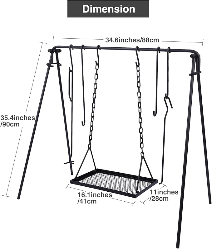 Lineslife Grill Swing Campfire Cooking Stand with Height Adjustable Iron Grill Grate, Collapsible