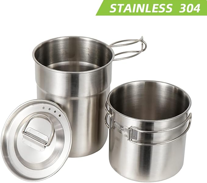 Camping Cups and Mugs Pot 2Pcs -304 Food Grade Stainless Steel - Outdoor Cookware Set with Vented