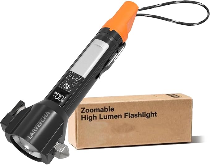 Tactical Flashlight Rechargeable, Zoomable LED Flashlight with COB Side Light, Red/Blue Strobe