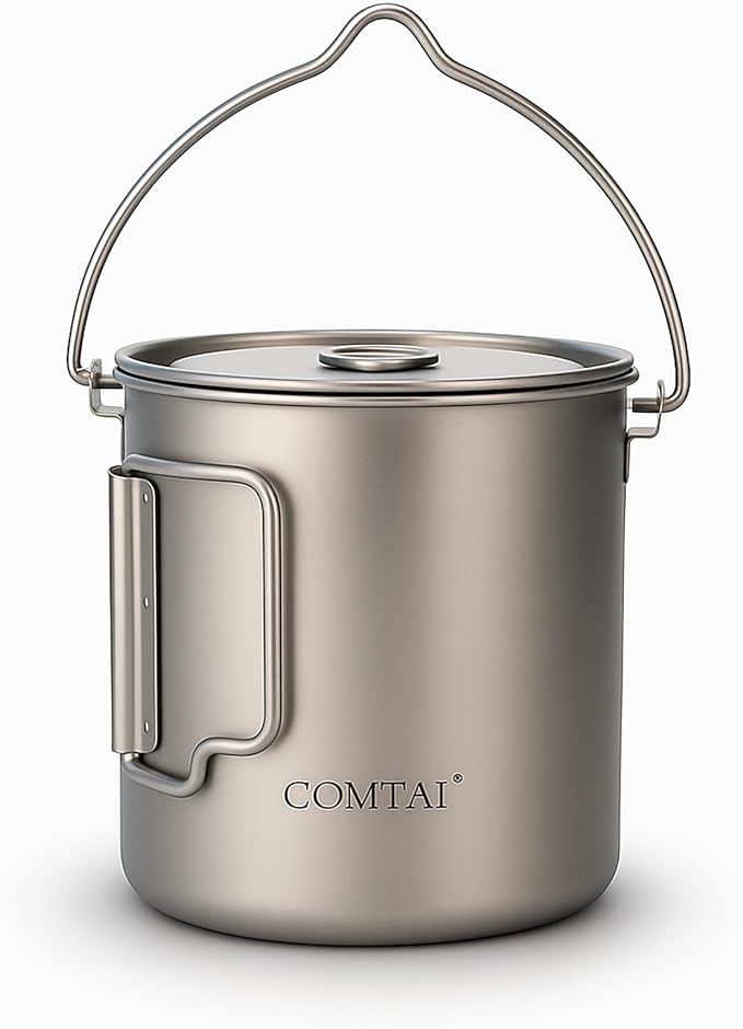 750ml/26oz Titanium Camping Pot with Lid and Foldable Handle, Ultralight Camping Mug for Hiking