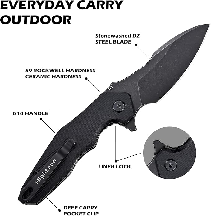 Hightron Mini Ventura Flipper Folding Knife for EDC, Liner Lock Pocket Knife with 2.85" Stonewashed