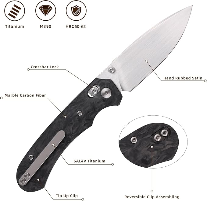 Folding Pocket Knife,3.31” M390 Blade,Erogonomic Titanium Handle,Hunting Survival Knife,EDC Knife