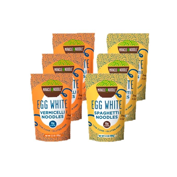 Miracle Noodle Egg White Pasta Variety Pack, 3.5 Oz (Pack of 6), Spaghetti, Vermicelli, Ready to