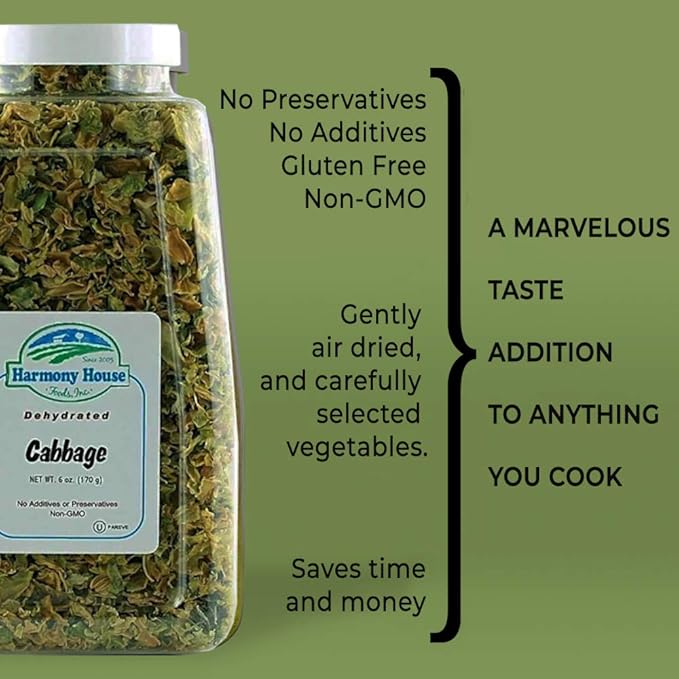 Harmony House Foods Dehydrated Cabbage Flakes - Air Dried Vegetables for Soup and Cooked Dishes