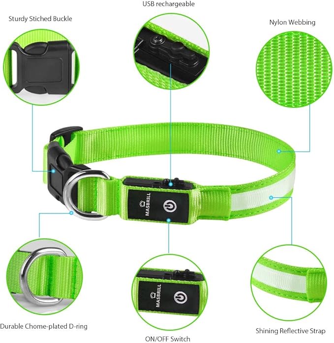 MASBRILL LED Dog Collar,Night Light Up Dog Collars Rechargeable Waterproof Glowing Dog Collar for