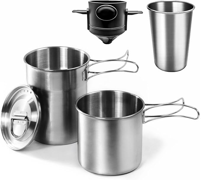 Foldable Camping Cups Mugs Camping Pot Cookware 304-Food-Grade Outdoor Camp Cooking Set with Vented
