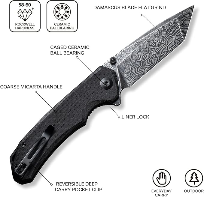 CIVIVI Brazen Pocket Knife,3.5-Inch Tanto Damascus Folding Knife, Micarta Outdoor Camping Hiking