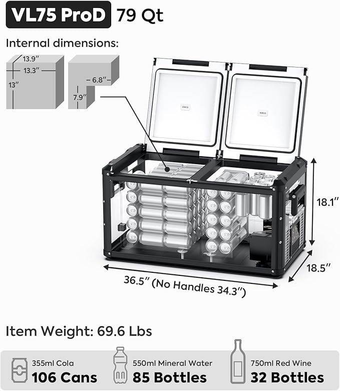 ICECO VL75 ProD Portable Refrigerator, Multi-directional Lid, Dual USB & DC 12/24V, AC 110-240V
