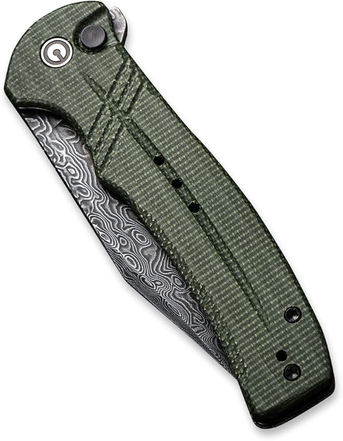 CIVIVI Cogent Button Lock Flipper Pocket Knife, Damascus Blade Green Micarta Handle, Good for