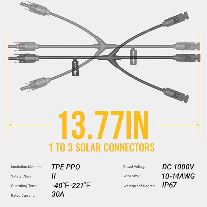 BougeRV Solar Y Branch Connectors Solar Panel Parallel Connectors 1 to 3 Solar Cable Wire Plug Tool