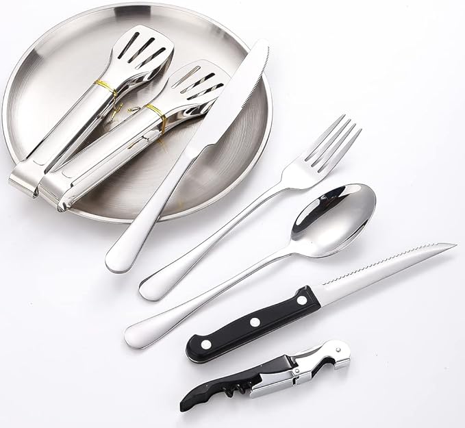 Camping Silverware Silver Picnic Plates and Utensils Set for 4 Portable Tableware Stainless Steel