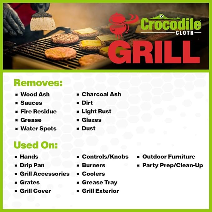 Crocodile Cloth Grill - 80 (15" x 10") Plant-based Cleaning Wipes. Safe on Skin & Multiple