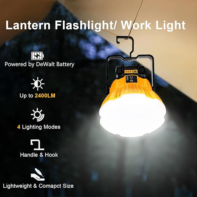 2400LM LED Camping Lantern Light for Dewalt 18V 20V MAX Battery, 3 Adjustable Brightness Cordless