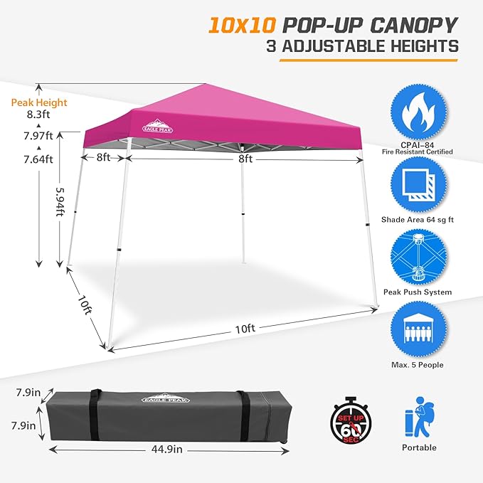 EAGLE PEAK 10x10 Slant Leg Pop-up Canopy Tent Easy One Person Setup Instant Outdoor Beach Canopy
