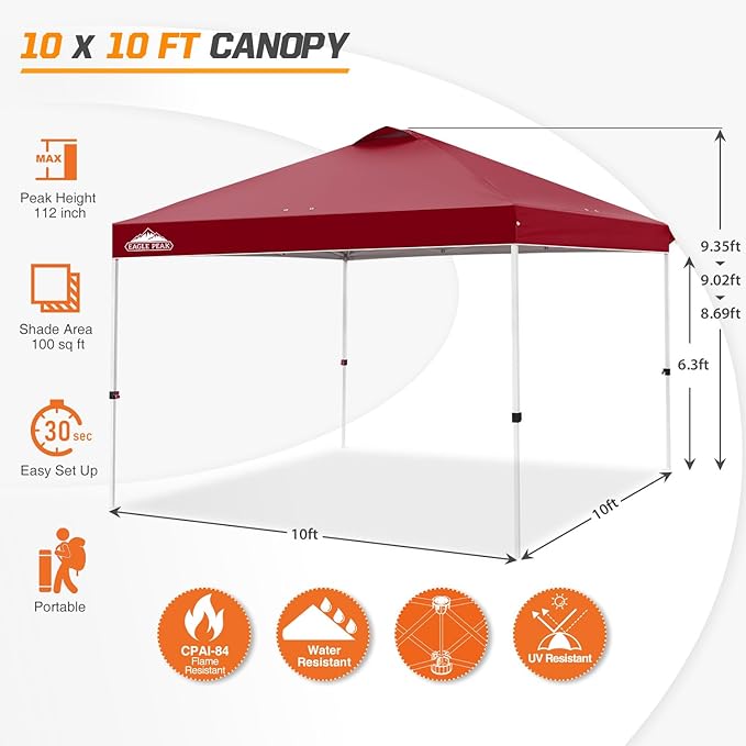 EAGLE PEAK Pop Up Canopy Tent with Wheeled Carry Bag, 8 Stakes, 4 Ropes, 4 Weight Bags, Easy Set Up