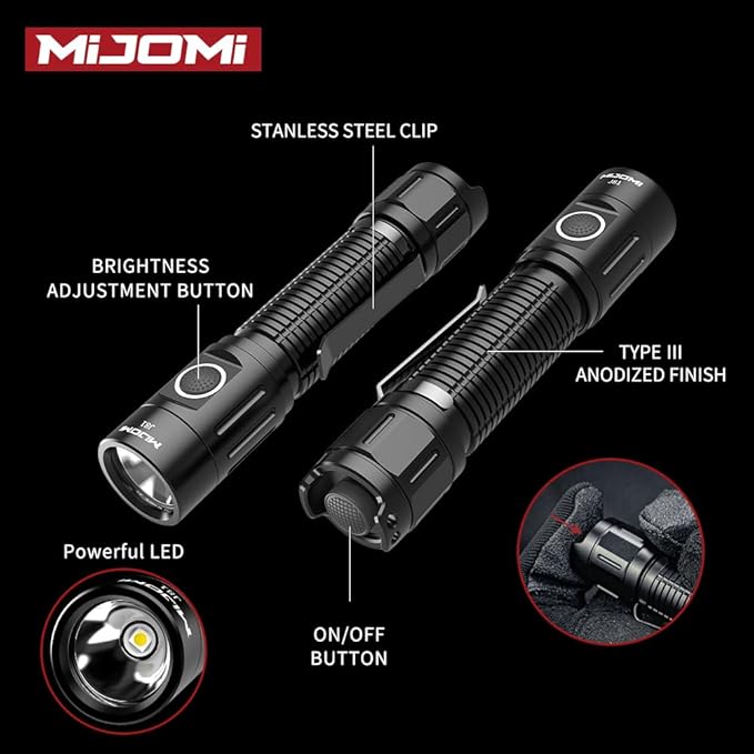 J81 Tactical Rechargeable Flashlight with Holster, 1300 Lumen Super Bright IP68 Waterproof Dual