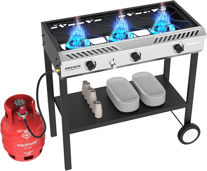 ROVSUN 3 Burner Outdoor Propane Burner with Ignition & Regulator, 225,000 BTU Powerful & Portable