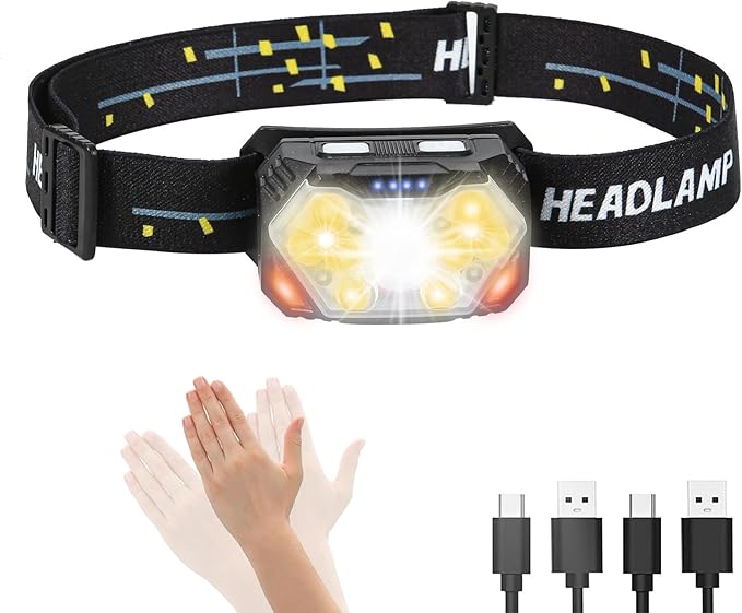 Headlamp,Ultra-Light Bright LED Headlight with White Red Light, Waterproof Motion Sensor Head