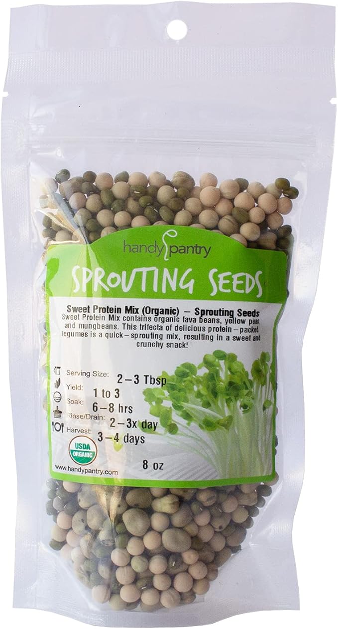 Organic Sprouting Seeds - Handy Pantry Sweet Protein Mix 8 oz. - Fava Bean, Mung Bean, & Yellow Pea