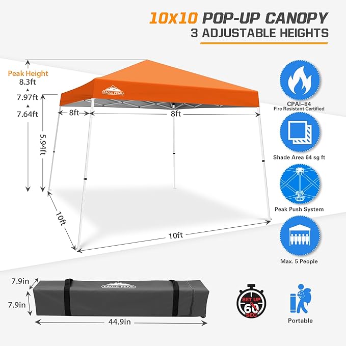 EAGLE PEAK 10x10 Slant Leg Pop-up Canopy Tent Easy One Person Setup Instant Outdoor Beach Canopy