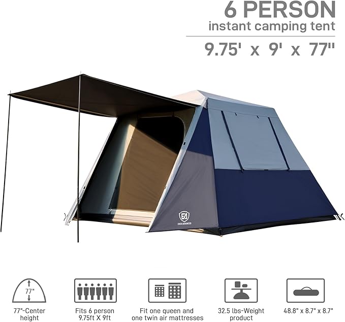 EVER ADVANCED Blackout Design 6 Person Camping Tent, Instant Cabin Tent for Family with Vestibule