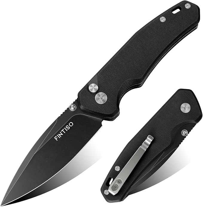FINTISO Pocket Knife, 3" 14C28N Steel Blade G10 Handle Small EDC knife with Button Lock, Sharp