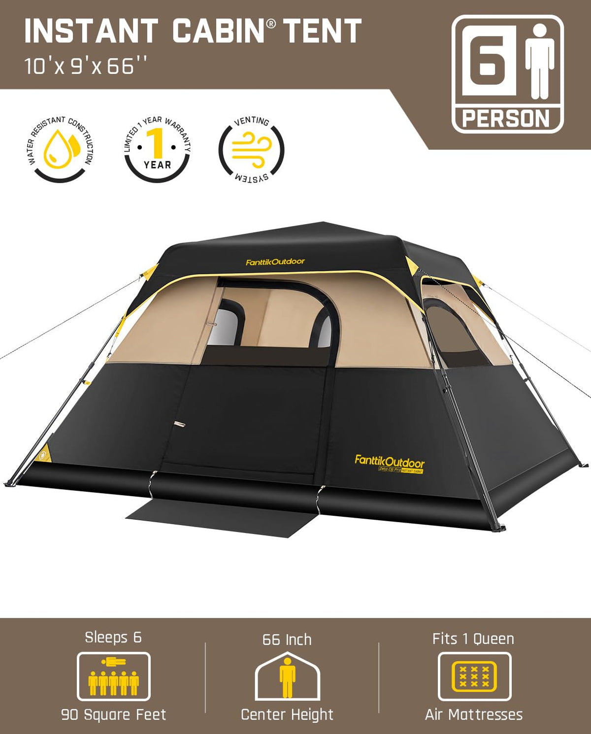 FanttikOutdoor Zeta C6 Pro 6 Person Tent for Camping Setup in 60s (Khaki)