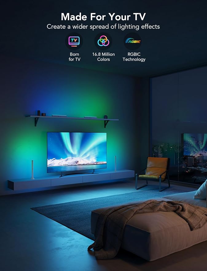 Govee RGBIC Light Bars, 15 Inches WiFi TV Backlight Suitable for 45-70 inch TVs, Smart Light Bars
