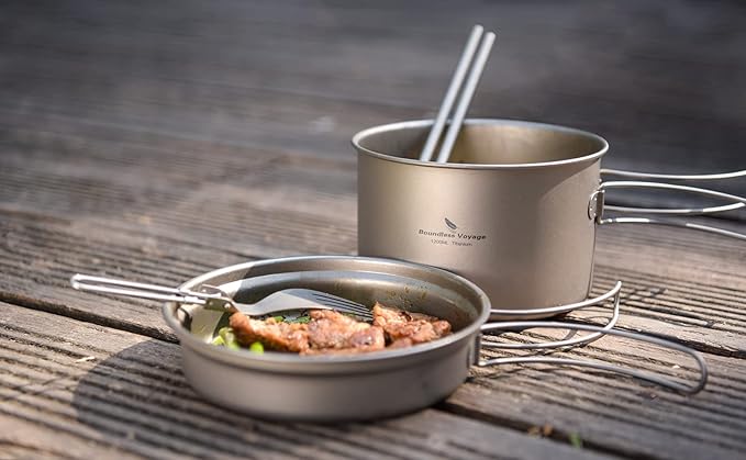 Boundless Voyage Outdoor Titanium Pot with Pan Set with Collapsible Folding Handle for Outdoor