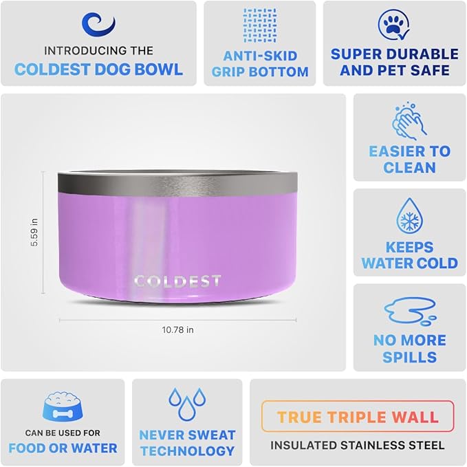 Coldest Dog Bowl - Anti Rust Metal, Non Slip, 3 Layers Insulated Stainless Steel Dog Bowls - Spill