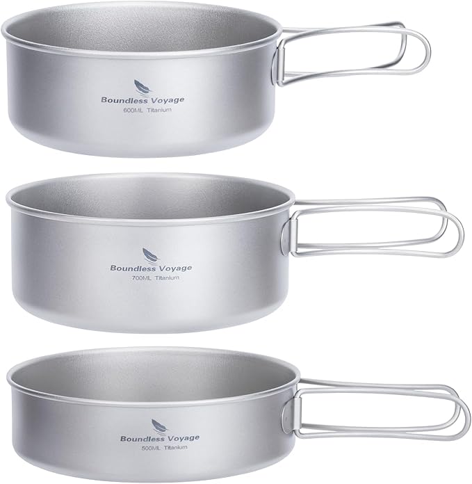 Boundless Voyage Titanium Pots Pans Set Camping Cookware 500ml 600ml 700ml Bowls Outdoor Portable