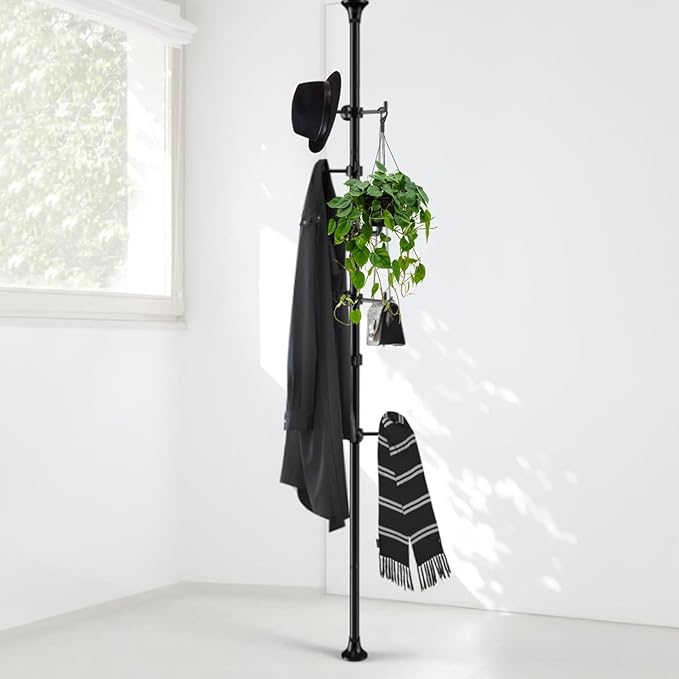 Coat Rack Freestanding, 56 to 125 inch Adjustable Tension Rod Hanger with 12 Hooks for Hanging