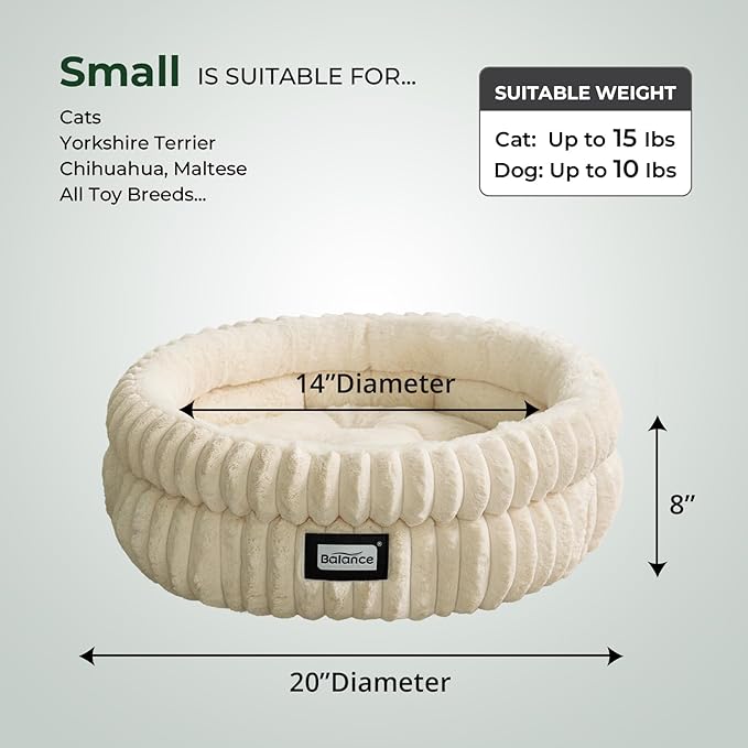 BALANCE Cat Bed Kitten Bed, Washable Round Cat Beds for Indoor Cats,Super Soft Plush Faux Fur Pet