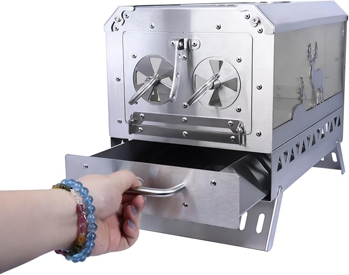 Outdoor Camping Tent Stove Portable Stainless Steel with Chimney Barbecue Net for Outdoor Cooking