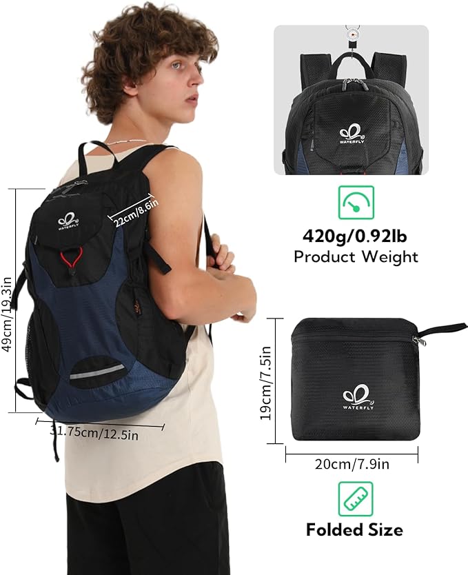 WATERFLY Lightweight Packable Hiking Backpack: 30L Foldable Travel Daypack Ultralight Camping Day