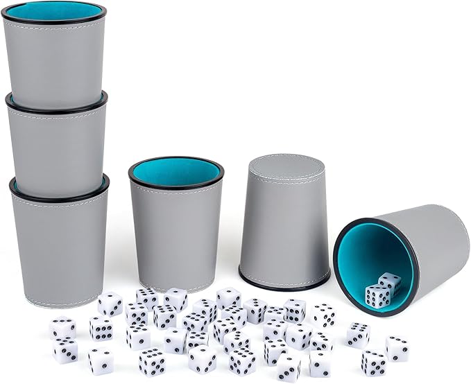 Felt-Lined PU Leather Dice Cup Set, 6 Quiet Dice Shaker Cups with 36 Dices for Bar Party Yahtzee