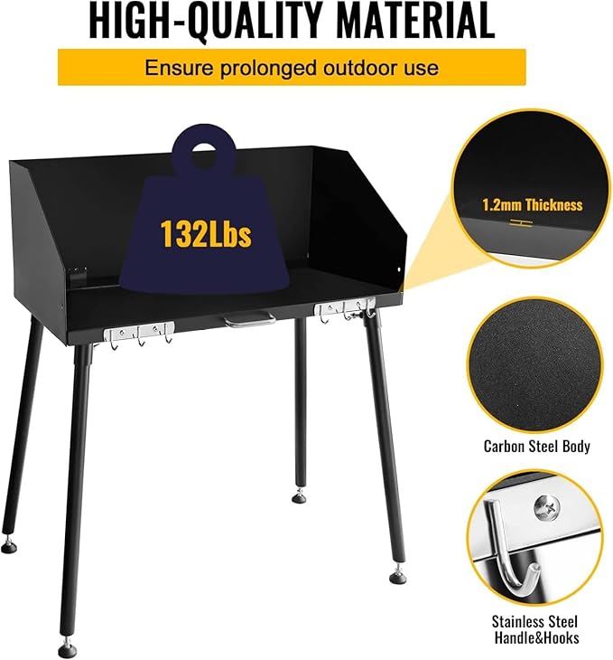 Carbon Steel Camp Cooking Table, Dutch Oven Table with Three-Sided Windscreen and Four Legs for