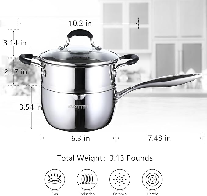 Tri-Ply Full Body Stainless Steel Sauce Pan with Steamer,1.5 Quart Small Multipurpose Pasta Pot