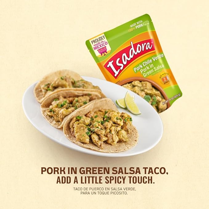 Isadora Fully Cooked Pork Chile Verde 15 oz, Ready-to-eat, Pork in Green Salsa, Medium Heat, Shelf